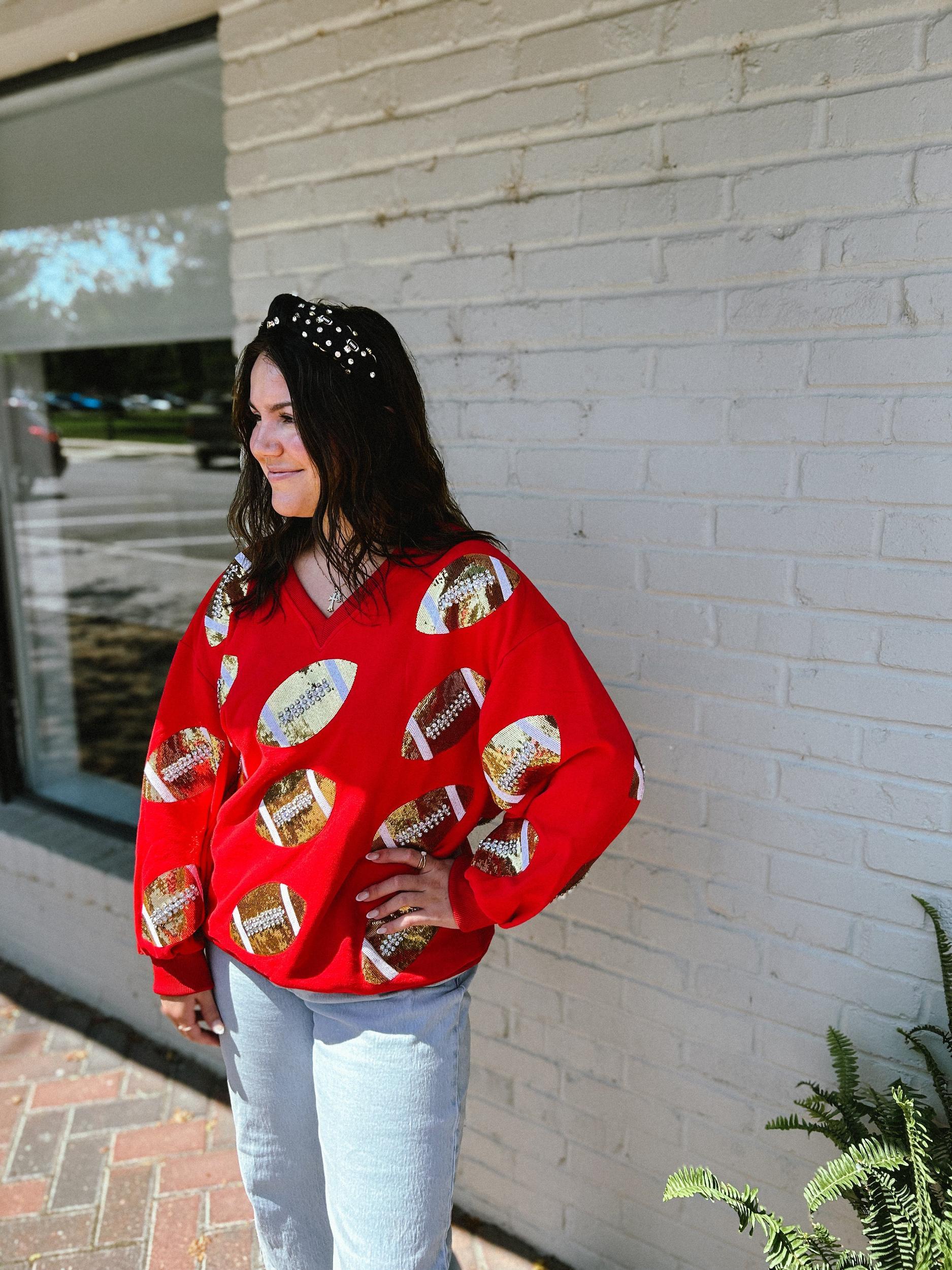 Red & Gold Rhinestone Lace Football Sweatshirt Product Image