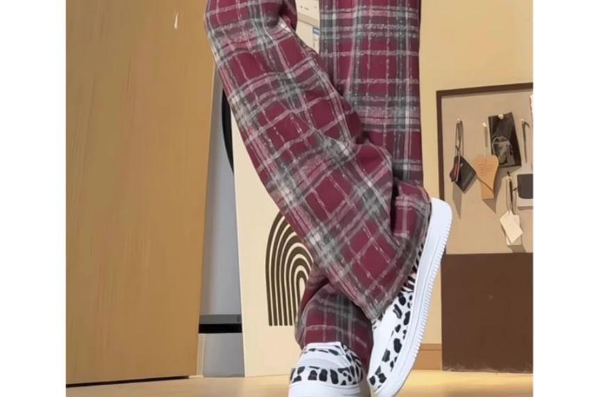 High Waist Plaid Wide Leg Pants Product Image