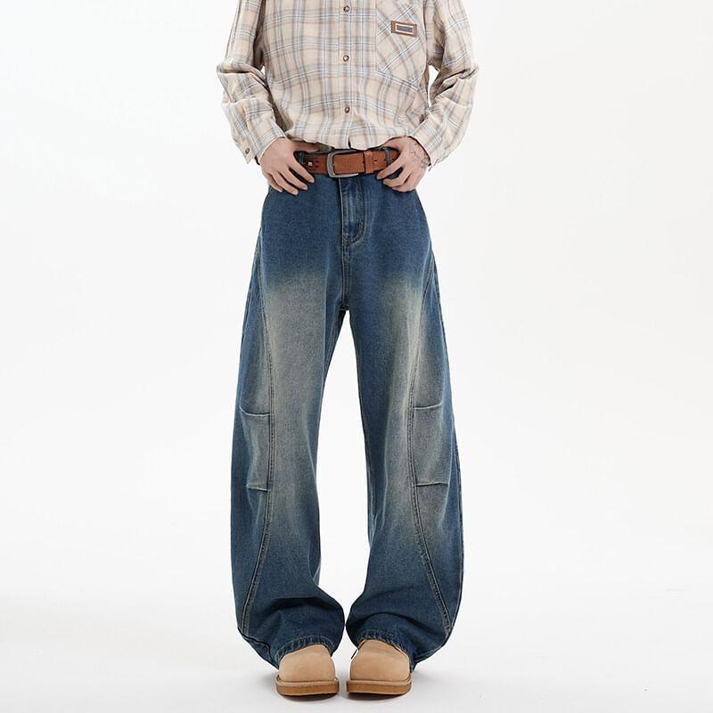 Mid Rise Paneled Washed Wide Leg Jeans Product Image