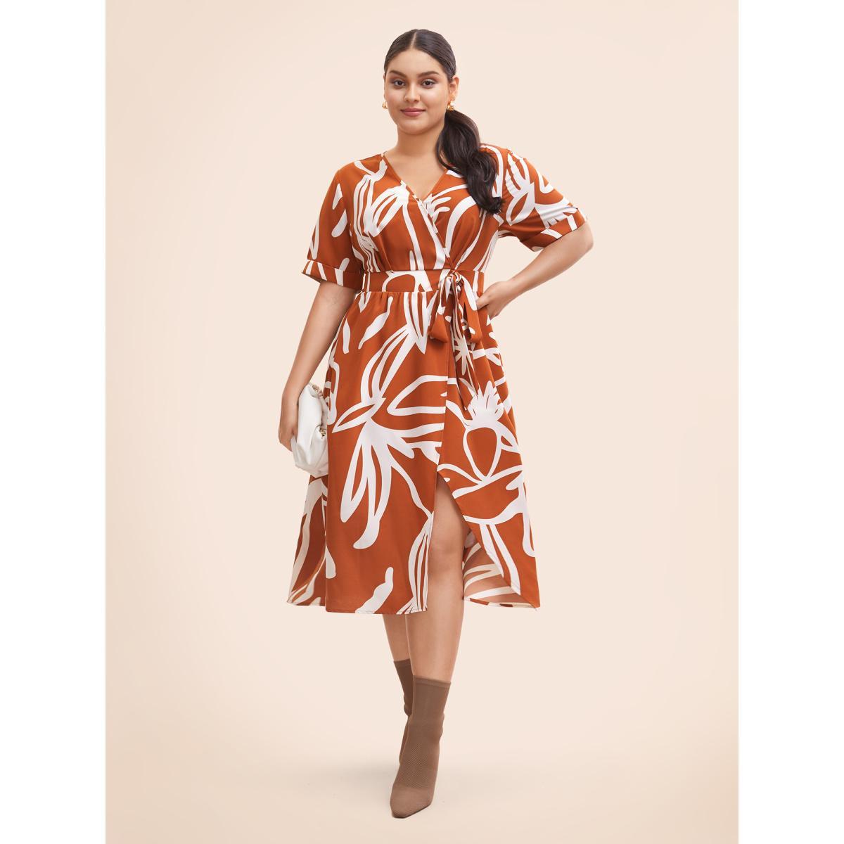 Plus Size Graffiti Overlap Collar Shirred Midi Dress Coral Women At the Office Overlapping Overlap Collar Short sleeve Curvy BloomChic 10/M Product Image