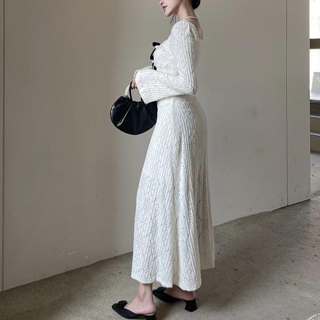 Flared-Cuff Square-Neck Bow Midi A-Line Lace Dress (Various Designs) Product Image
