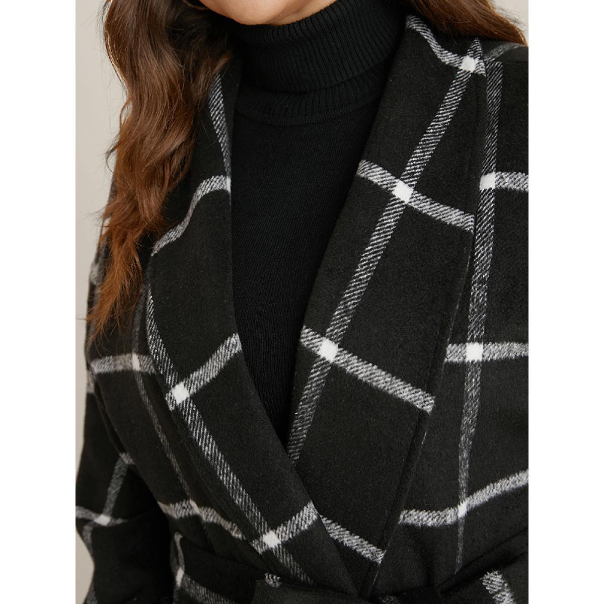Plus Size Plaid Lapel Collar Pocket Belted Open Front Coat Women Black Elegant Ladies Dailywear Winter Coats BloomChic 12/L Product Image
