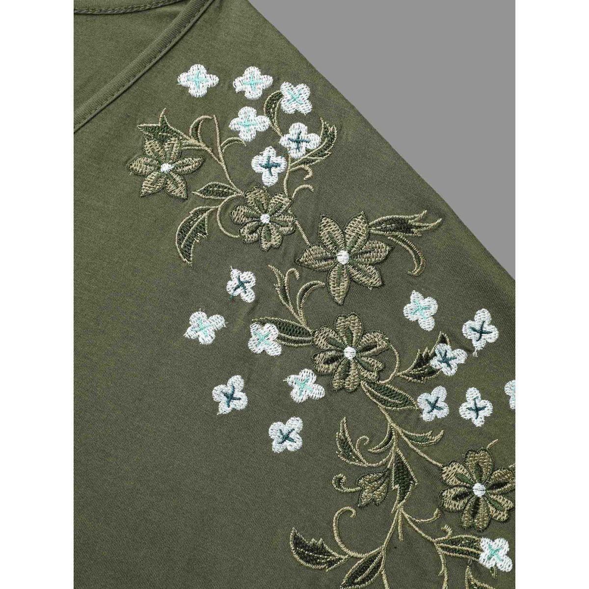 Plus Size Stretchy Embroidered Drop Shoulder T-Shirt ArmyGreen Women Elegant Roll Hem V-neck Everyday T-shirts BloomChic 26/4X Product Image