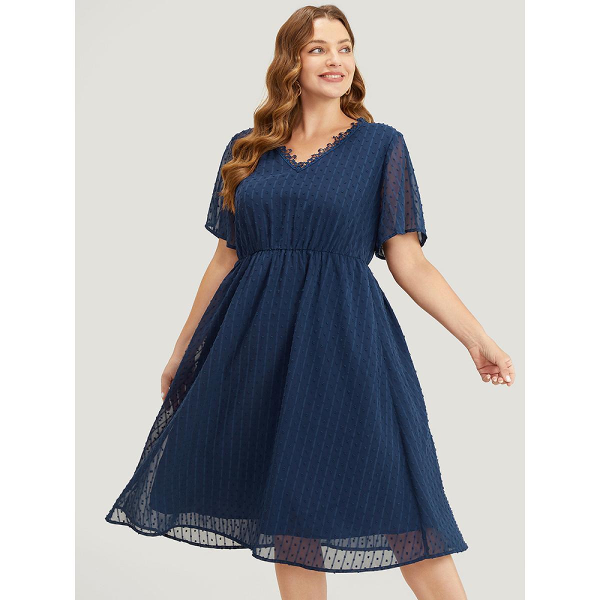 Plus Size Polka Dot Mesh Ruffle Sleeve Lace Trim Pocket Belted Dress Navy Women Elegant See through V-neck Short sleeve Curvy Midi Dress BloomChic 10/M Product Image