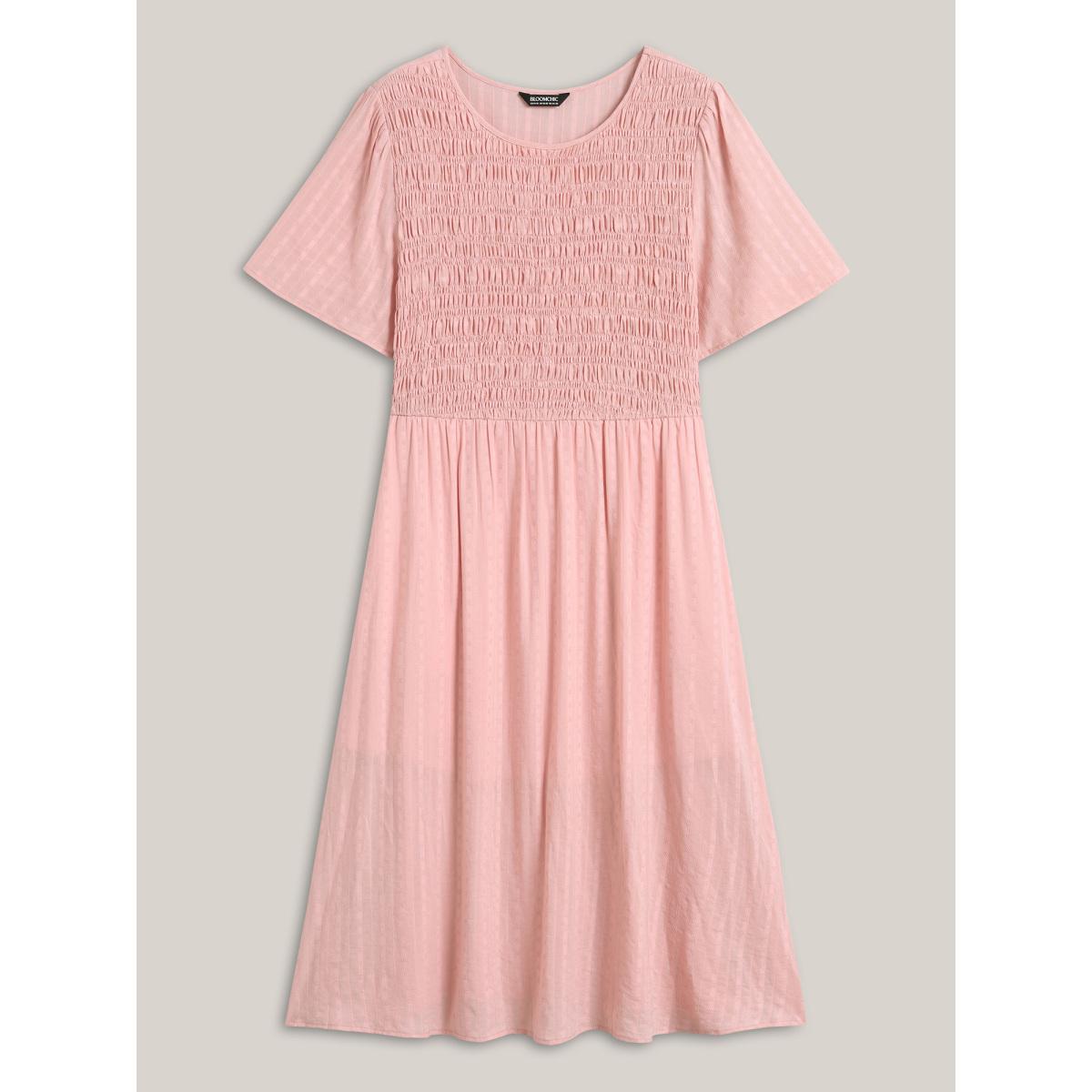 Plus Size Cotton Textured Shirred Bodice Pleated Midi Dress Crepe Women Round Neck Sleeveless Curvy BloomChic 10/M Product Image