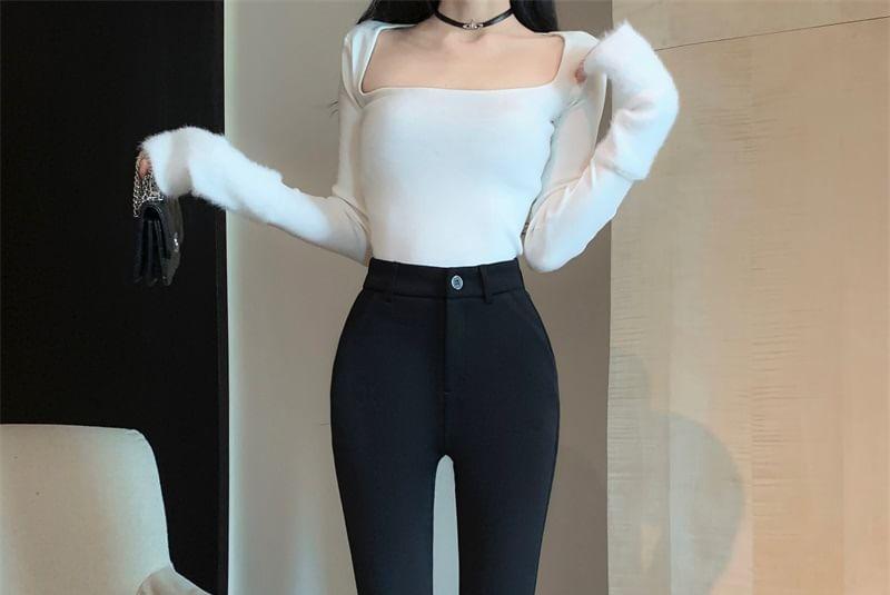 High Waist Furry Hem Bootcut Pants Product Image