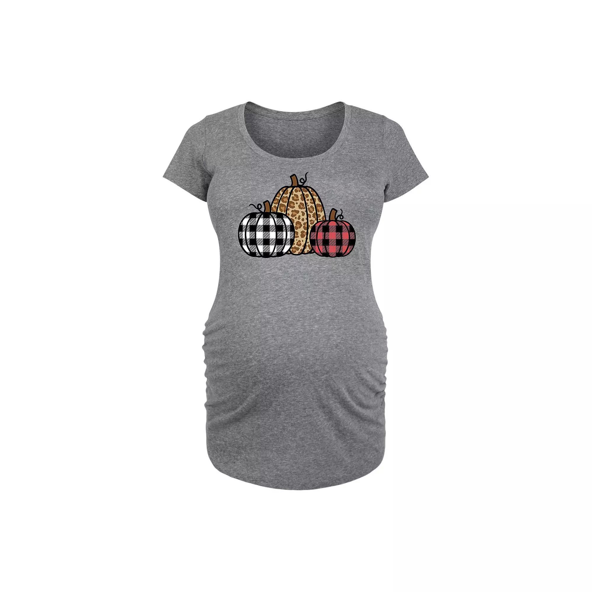 Maternity Three Plaid Patterned Pumpkins Graphic Tee, Women's, Size: Small-Mat, Gray Product Image