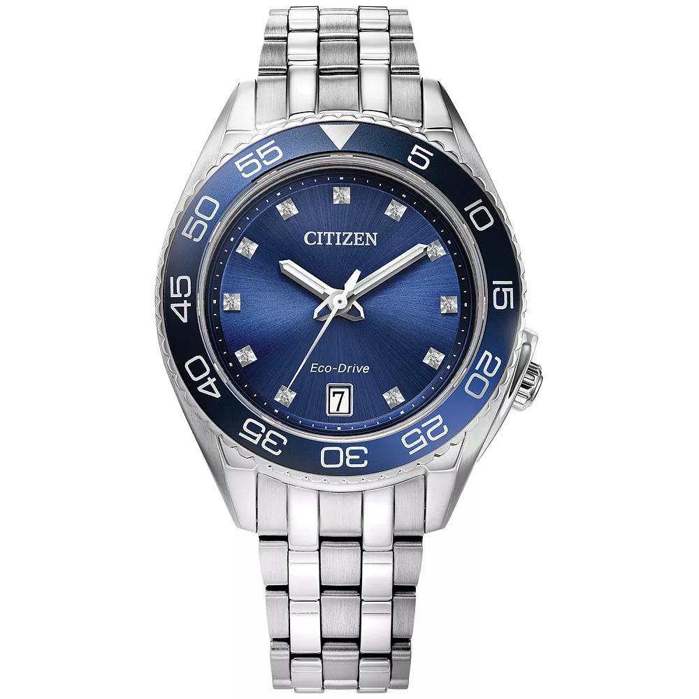 Citizen Womens Eco-Drive Carson Stainless Steel Diamond Accent Blue Dial Bracelet Watch Silver Product Image