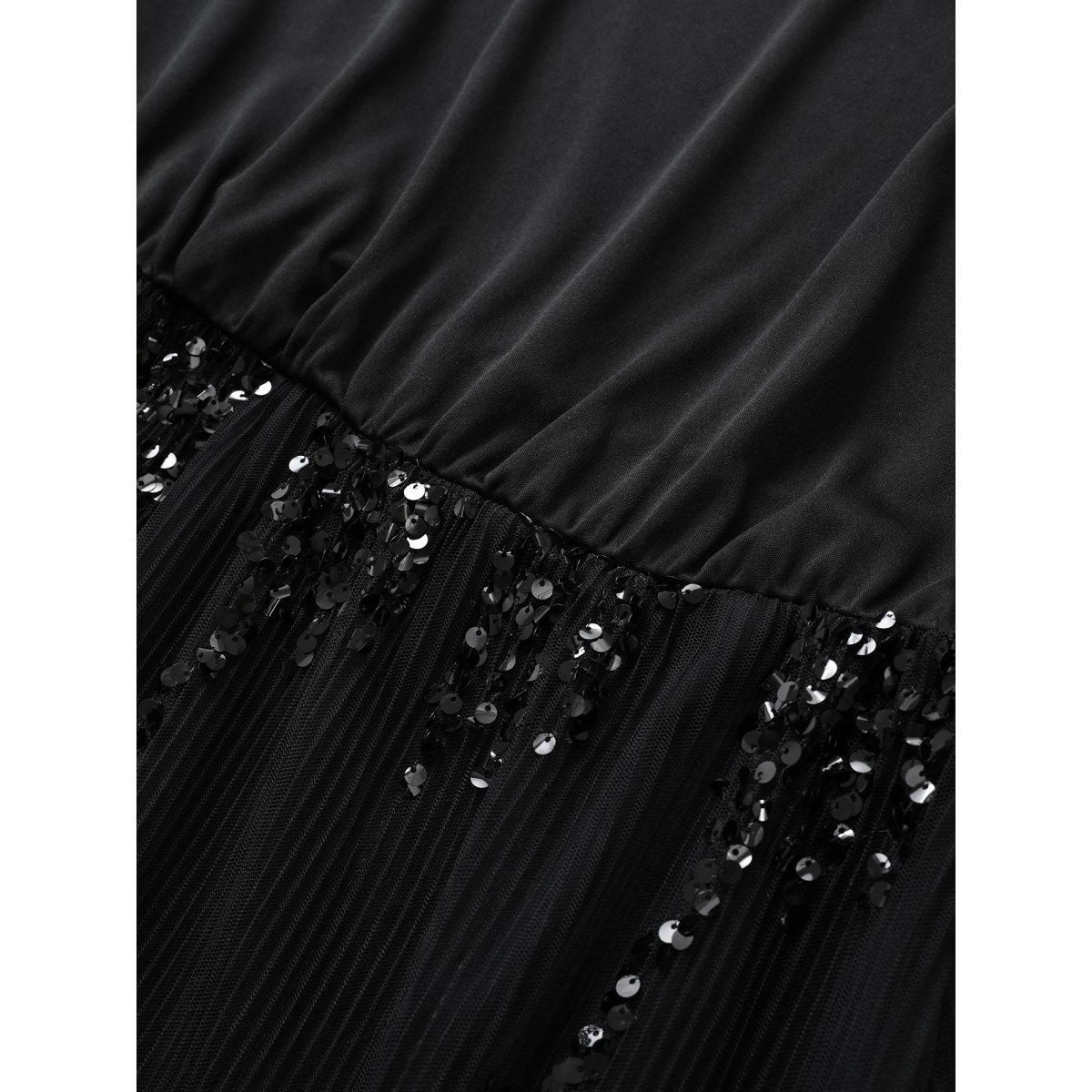Plus Size Sequin Mesh Patchwork Square Neck Elastic Waist Dress Black Women Cocktail Sequin Square Neck Half Sleeve Curvy Midi Dress BloomChic 30/6X Product Image