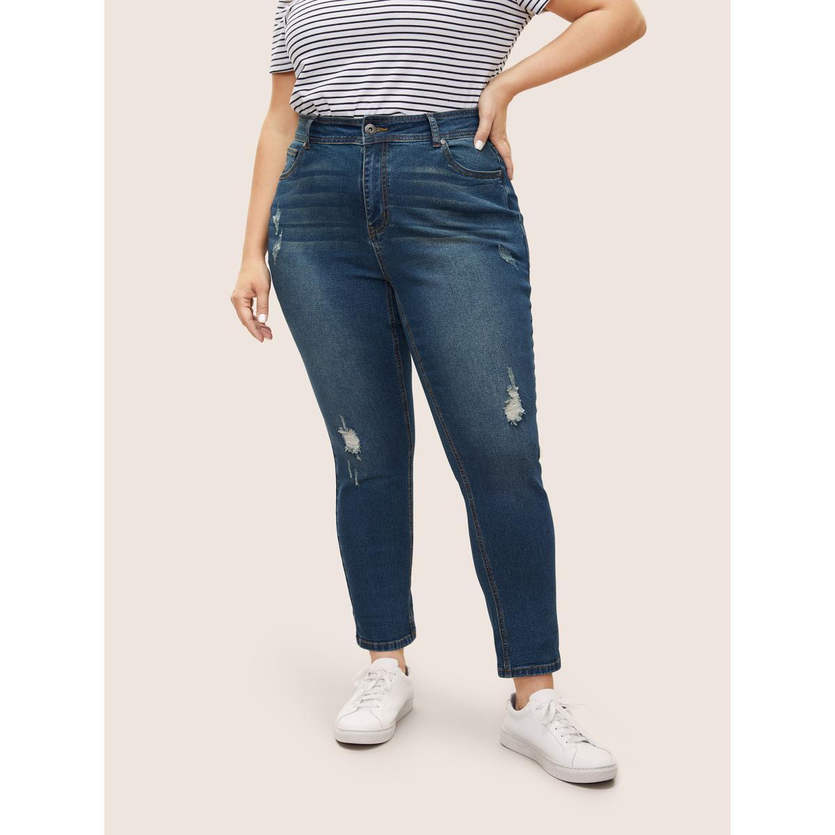 Plus Size Roll Hem Ripped Pocket Straight Leg Cropped Jeans Women Aegean Casual Plain Non High stretch Slanted pocket Jeans BloomChic 20/2X Product Image