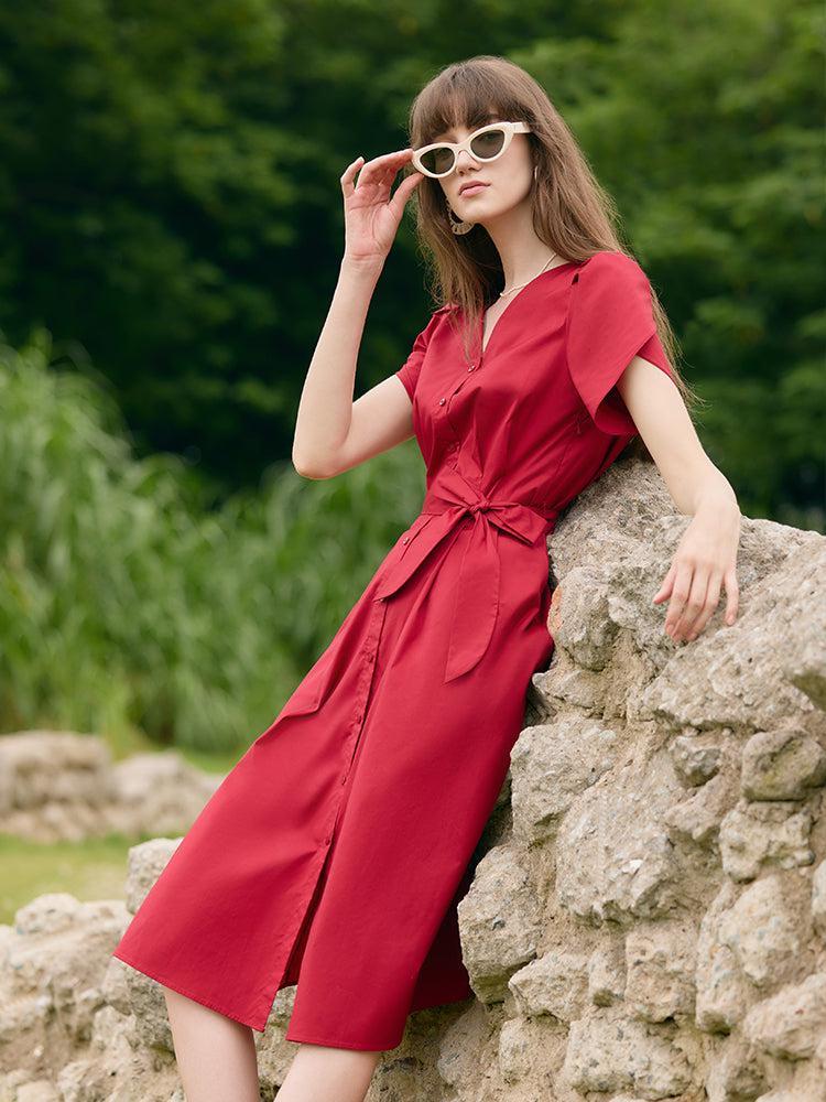 Petal Sleeves Gathered Waist V-Neck Women Midi Dress With Belt Product Image