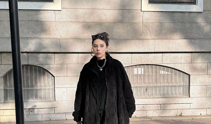 Stand Collar Plain Fleece Midi Zip Coat Product Image