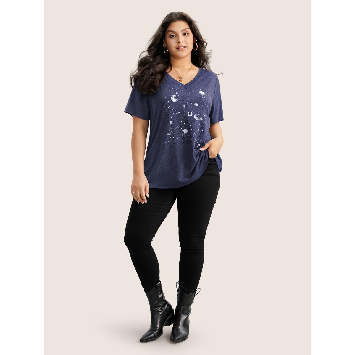 Plus Size Moon and Star Print V Neck T-shirt DarkBlue Women Casual Non Star and moon V-neck Everyday T-shirts BloomChic 12/L Product Image