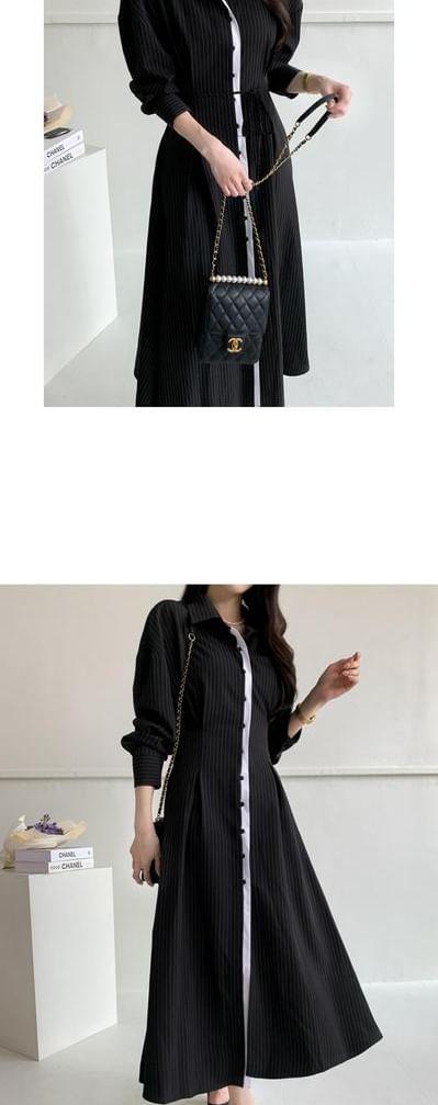 Long-Sleeve Pinstriped Contrast Trim Button-Up Midi A-Line Dress Product Image