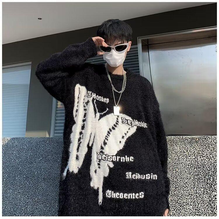 Long-Sleeve Butterfly  Print Lettering Sweater Product Image