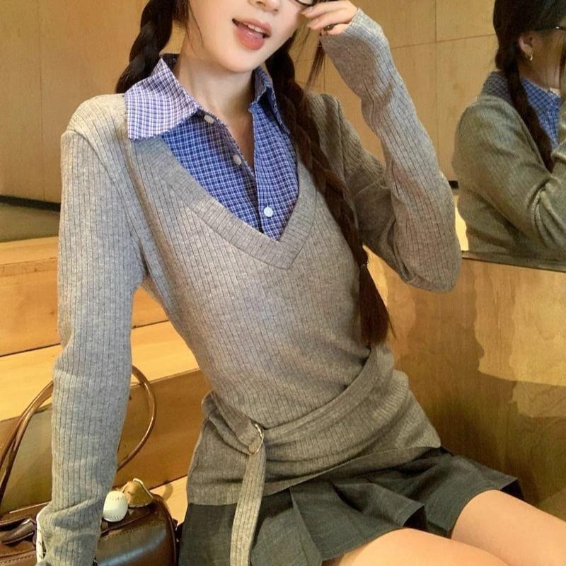 Long Sleeve Mock Two Piece Collar Plaid Paneled Tie-Waist Slim-Fit Knit Top Product Image