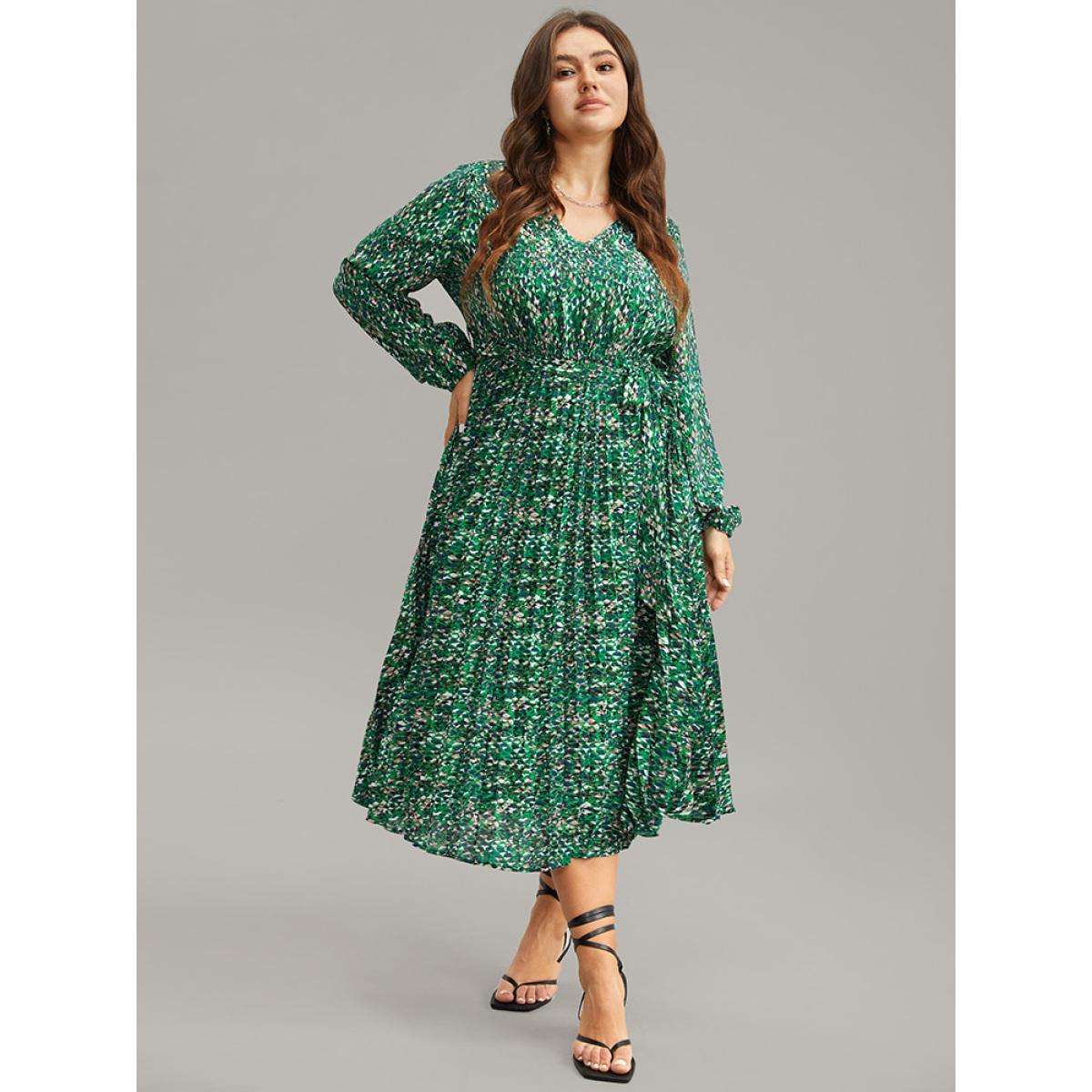 Plus Size Ditsy Floral Belted Pleated Dress Cyan Women Glamour Belted V-neck Long Sleeve Curvy Midi Dress BloomChic 28/5X Product Image