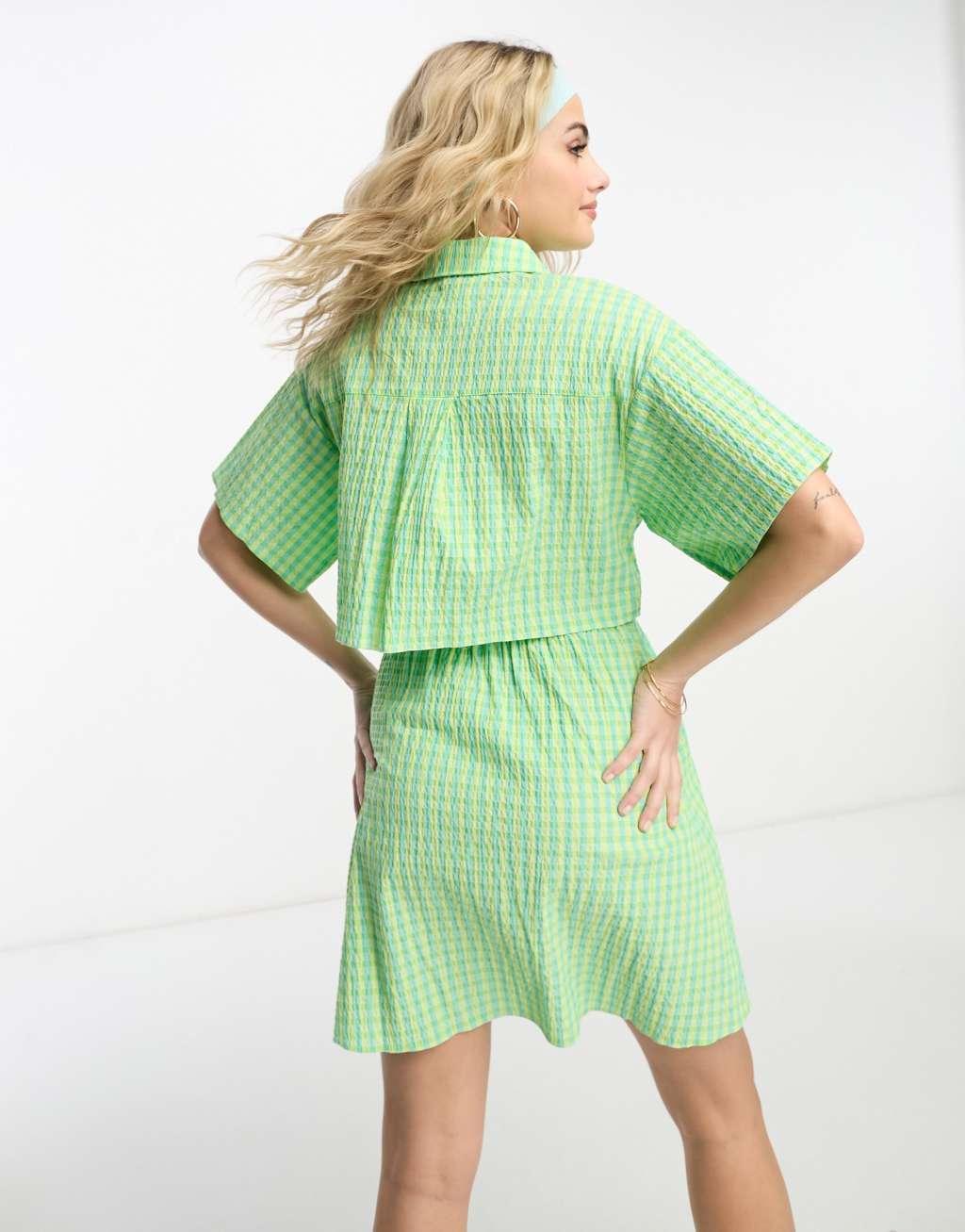 ASOS DESIGN cut out back shirt mini dress with seersucker green and yellow check-Multi Product Image