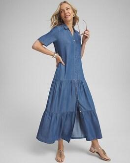 Faux Denim Tiered Shirt Dress Product Image