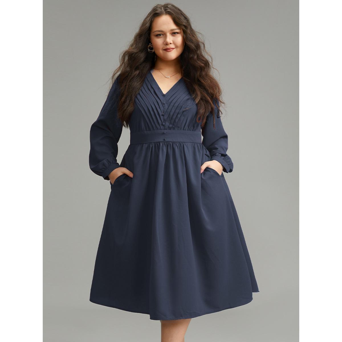 Plus Size Twill Pleated Beaded Long Sleeve Dress Burgundy Women Elegant Plain V-neck Long Sleeve Curvy Midi Dress BloomChic 12/L Product Image