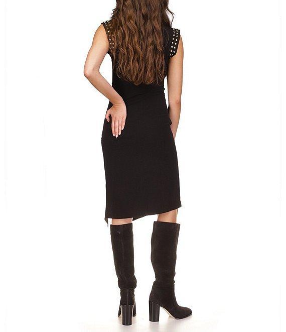 MICHAEL Michael Kors Matte Jersey Studded Crew Neck Sleeveless Asymmetrical Hemline Sheath Dress Product Image