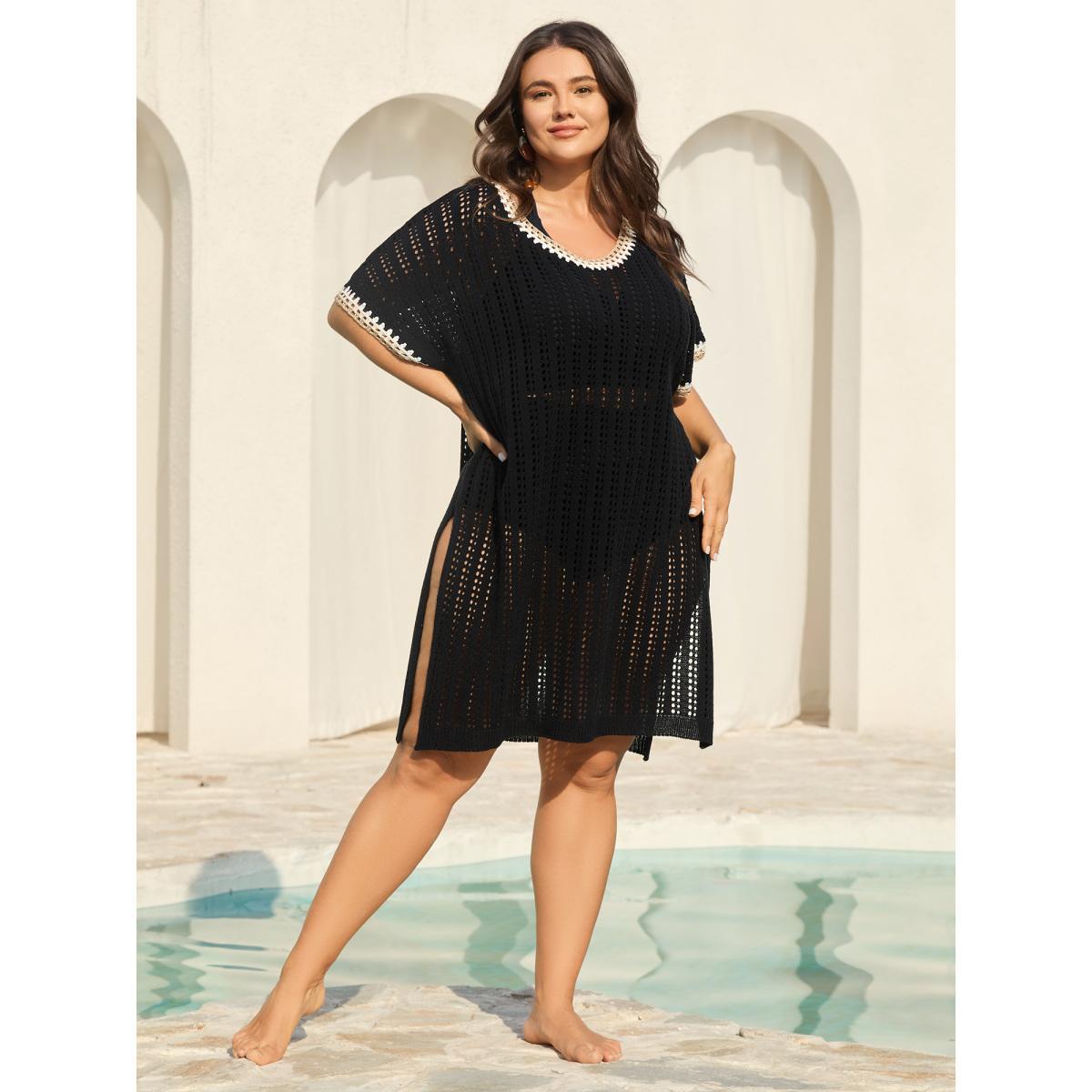 Plus Size Crochet Floral Embroidery Slit Swim Cover-Up Women's Swimwear Black Beach Loose Texture Curve Swim Cover Ups BloomChic 30/6X Product Image