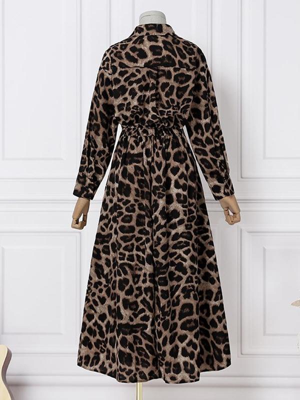 High Waisted Long Sleeves Buttoned Leopard Lapel Maxi Dresses Product Image