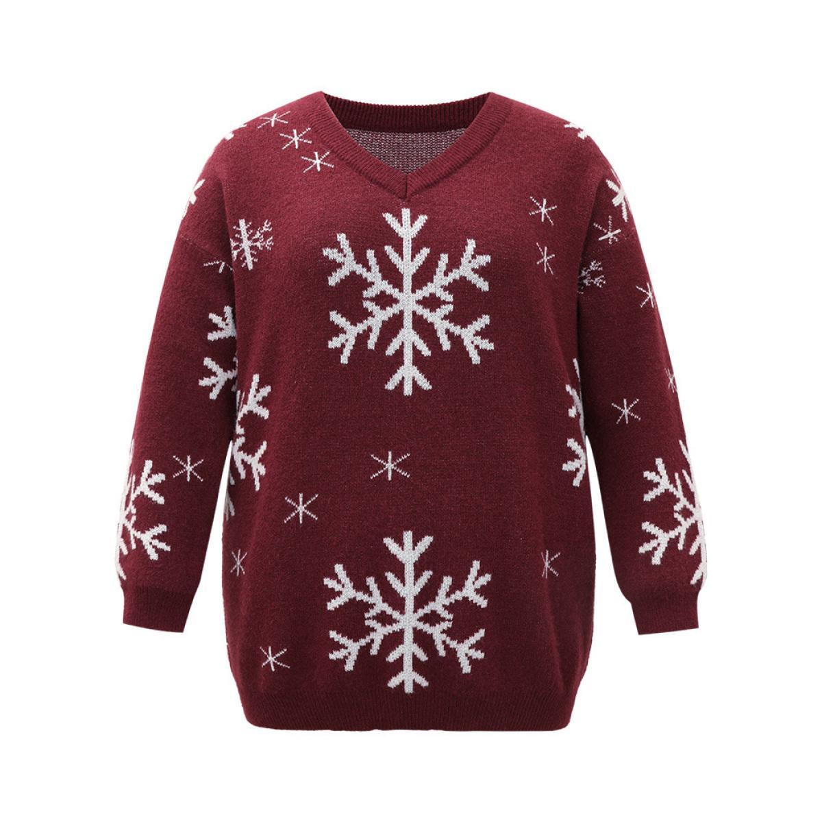 Plus Size Anti-Pilling Snowflake Print Pullover Scarlet Women Casual Loose Long Sleeve V-neck Dailywear Pullovers BloomChic 28/5X Product Image
