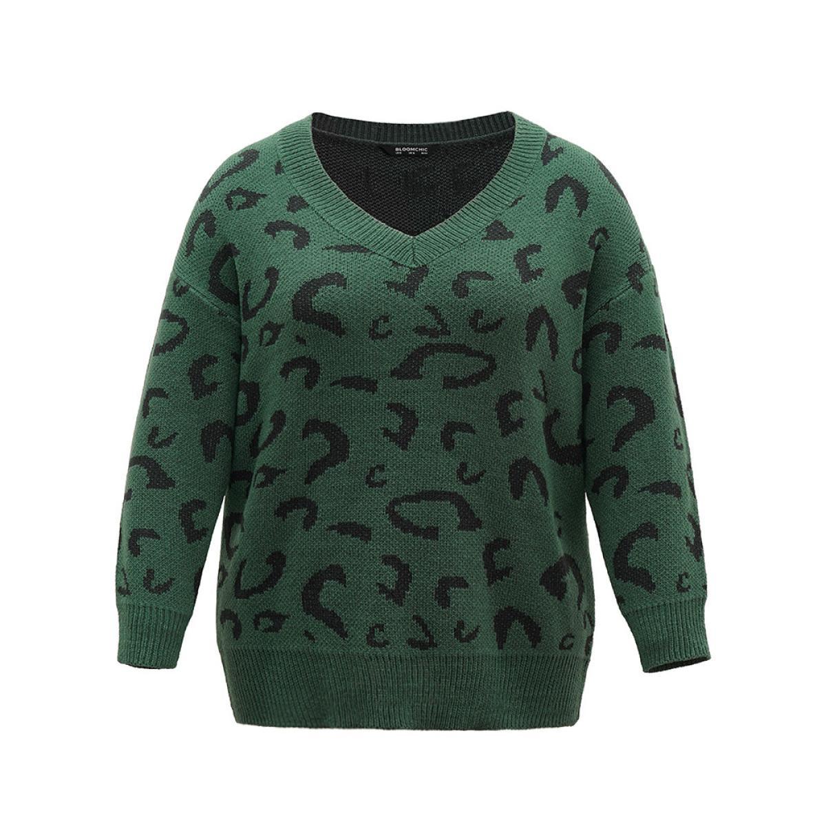 Plus Size Supersoft Essentials Leopard Print Drop Shoulder Pullover DarkGreen Women Casual Loose Long Sleeve V-neck Dailywear Pullovers BloomChic 12/L Product Image