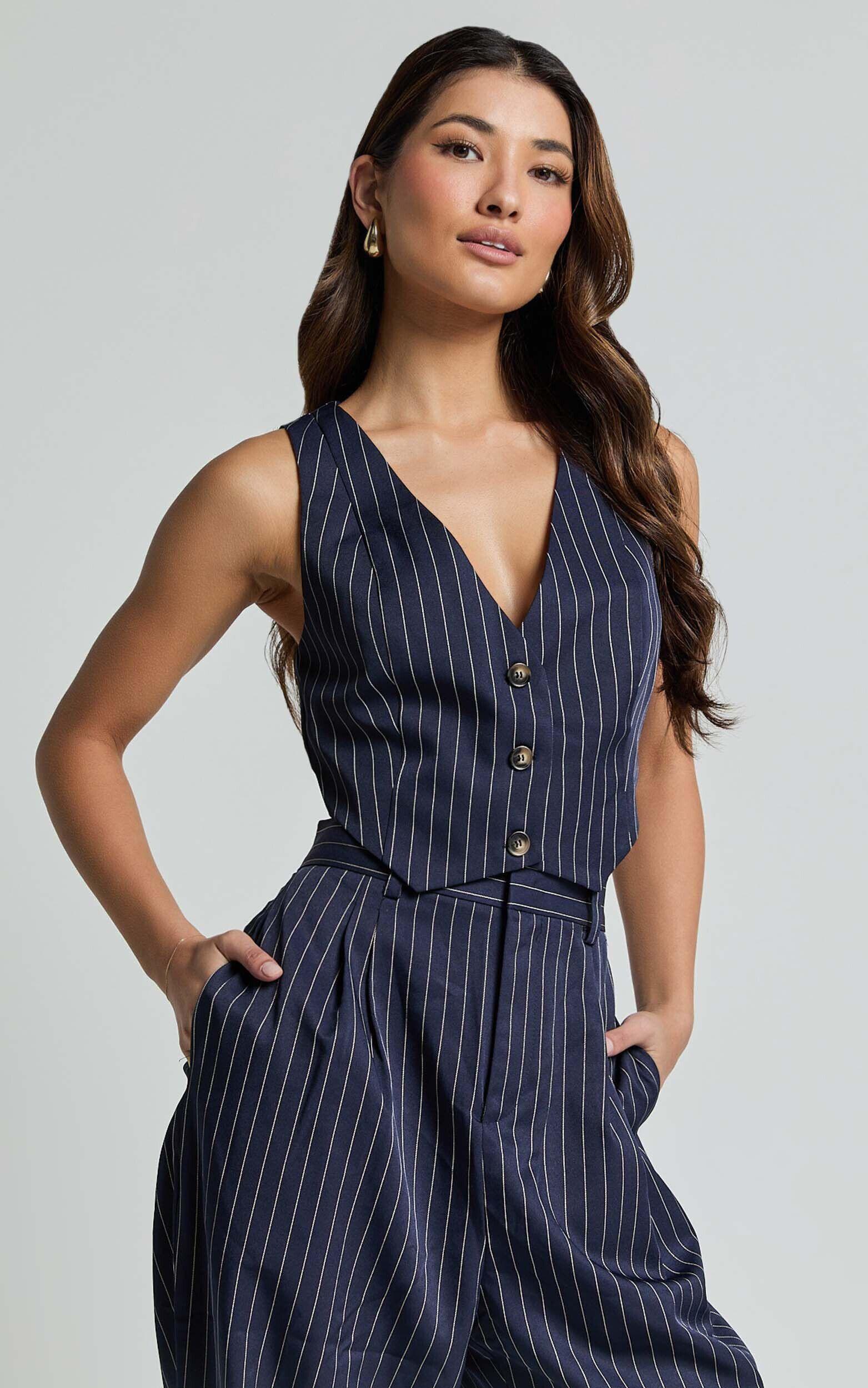 Iyah Top - V Neck Button Up Cropped Vest in Navy Pinstripe Product Image