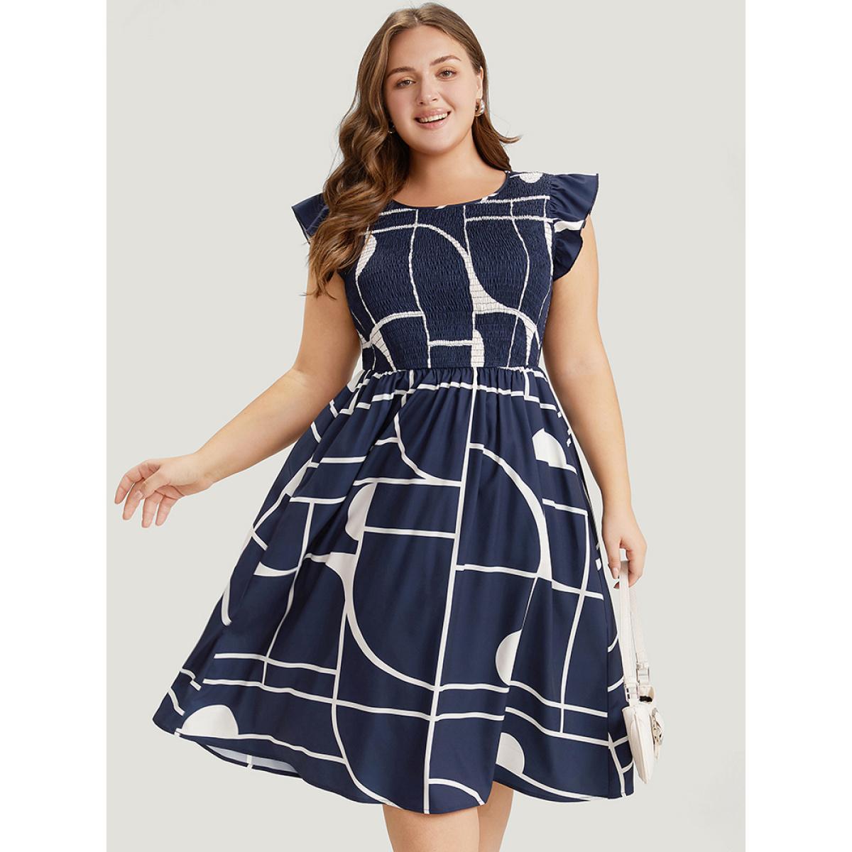 Plus Size Geometric Pocket Flutter Sleeve Shirred Dress Navy Women Office Pocket Round Neck Cap Sleeve Curvy Midi Dress BloomChic 26/4X Product Image