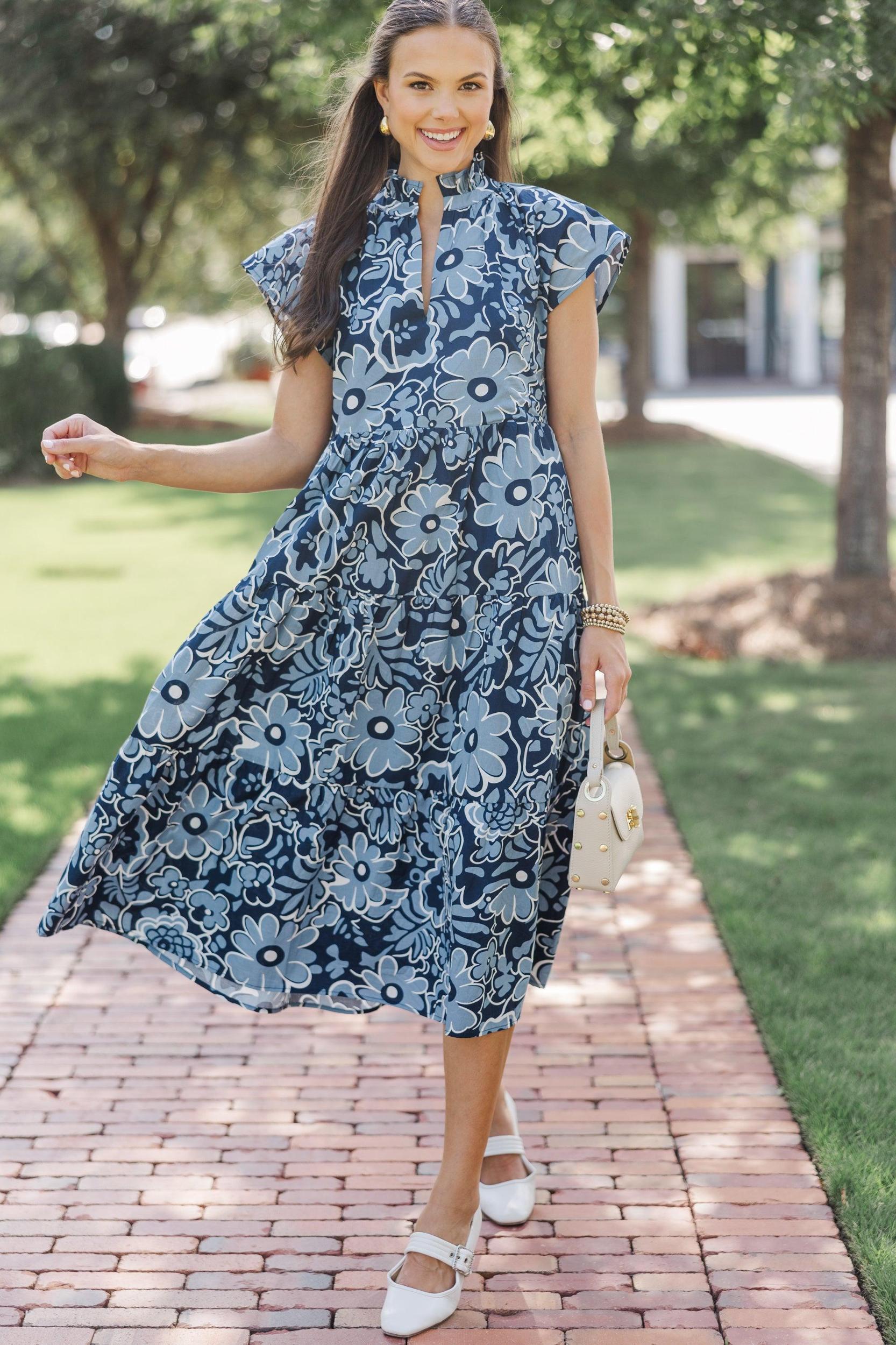 In Your Dreams Navy Blue Floral Midi Dress Female Product Image
