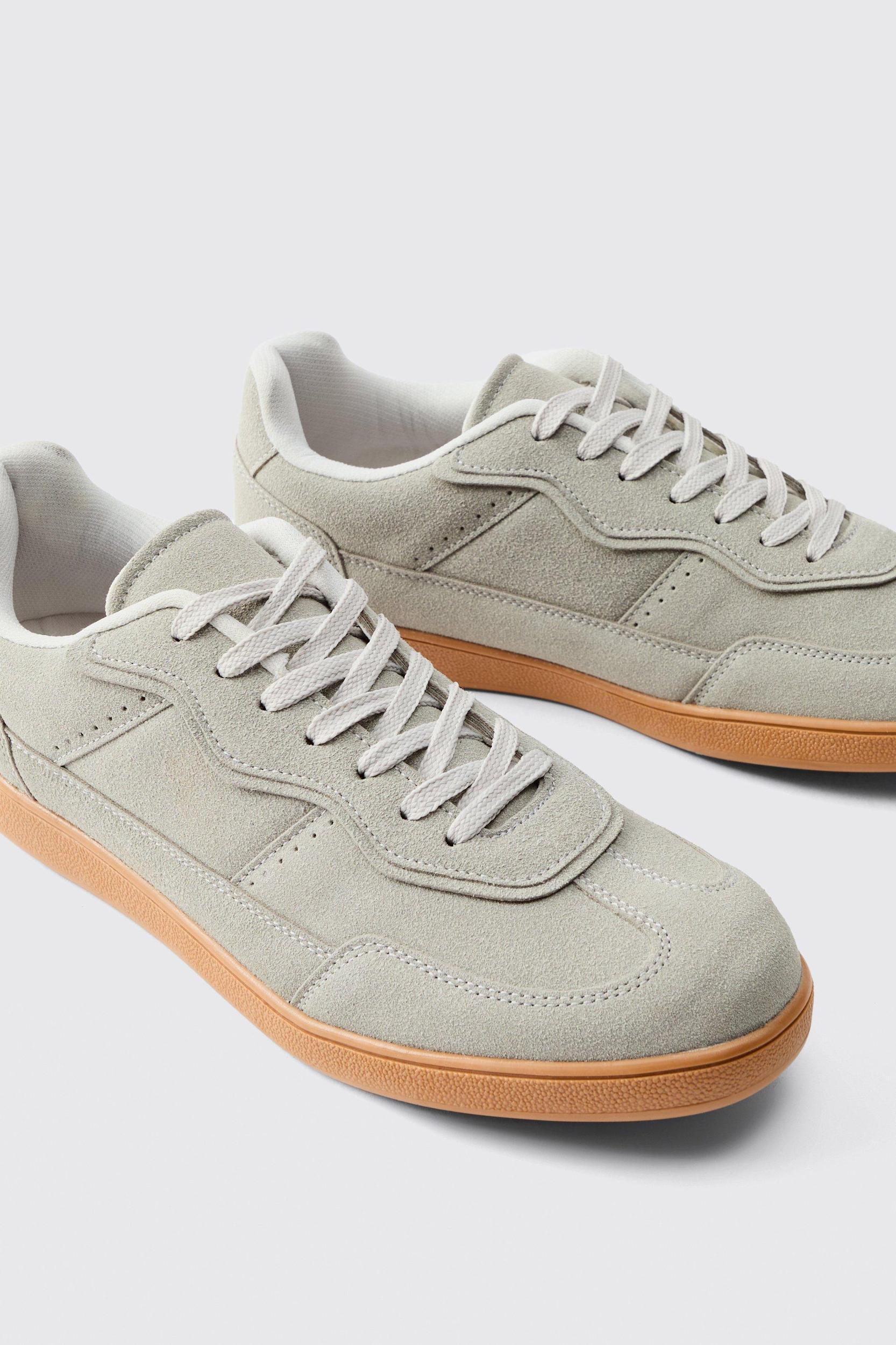 Faux Suede Trainer In Grey with white detail | boohooMAN USA Product Image