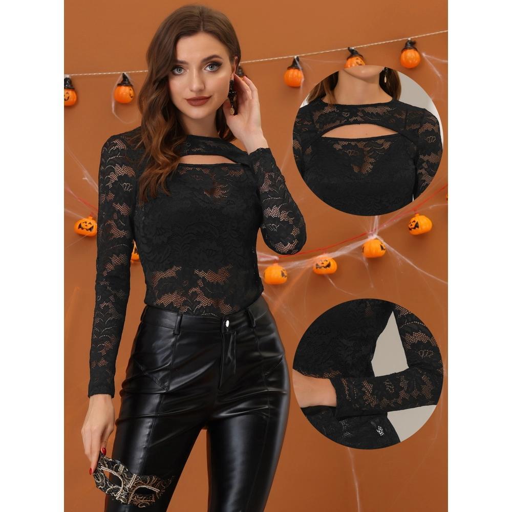 INSPIRE CHIC Women's See-Through Cut Out Long Sleeve Fitted Lace Floral Top Product Image
