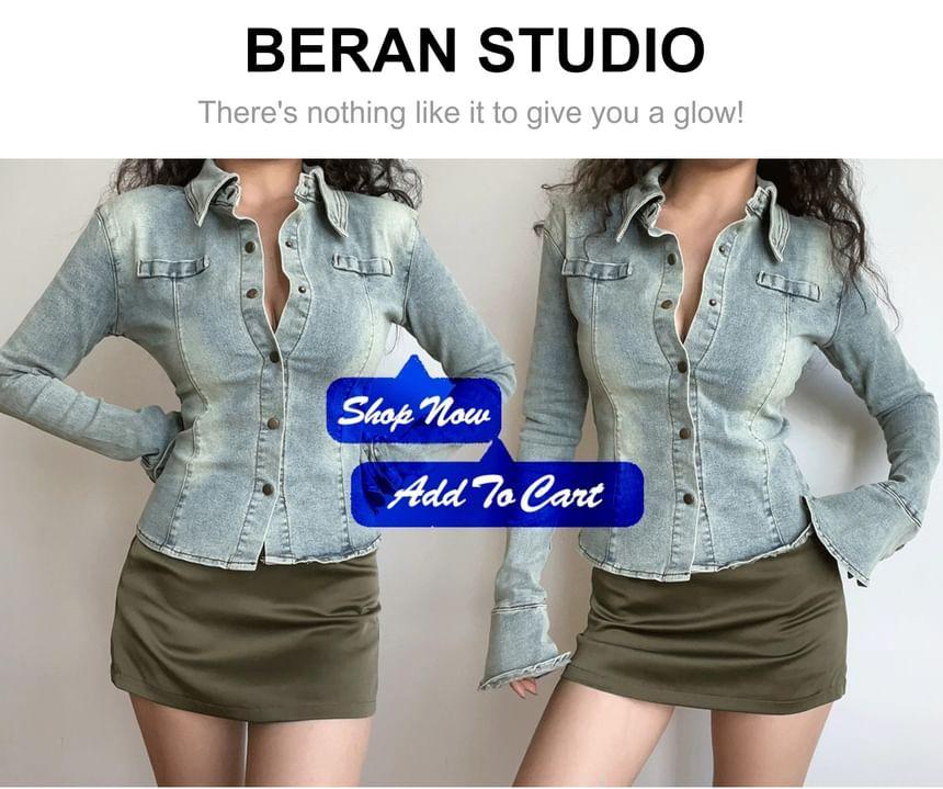 Flared-Sleeve Washed Denim Shirt Product Image