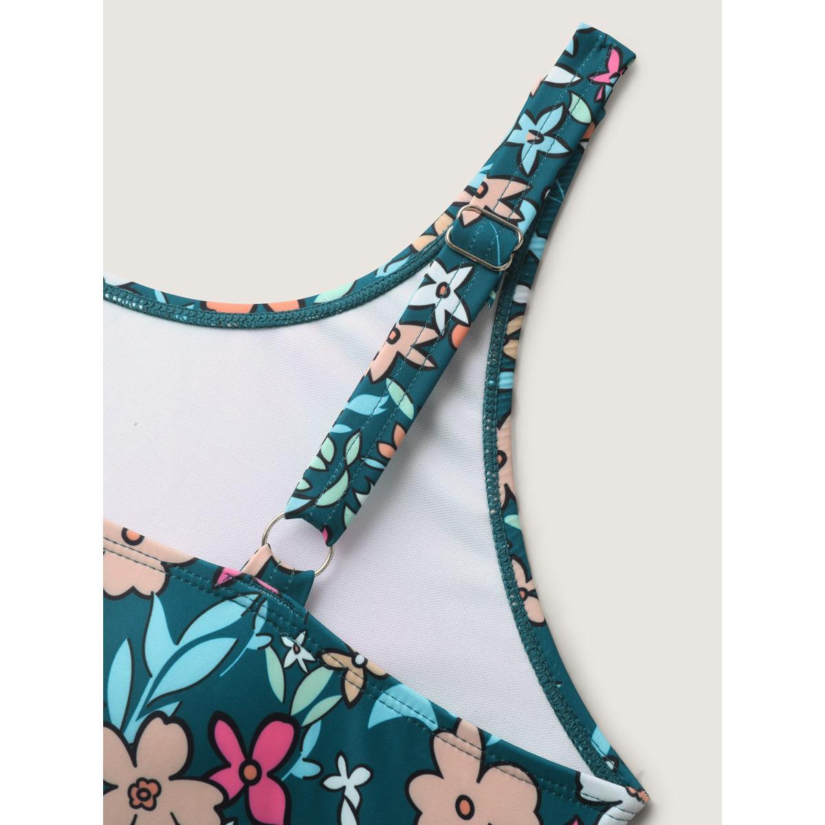 Plus Size Floral Print Color Contrast Swim Top Women's Swimwear Cyan Beach Contrast High stretch Skinny U-neck Curve Swim Tops BloomChic 10/M Product Image