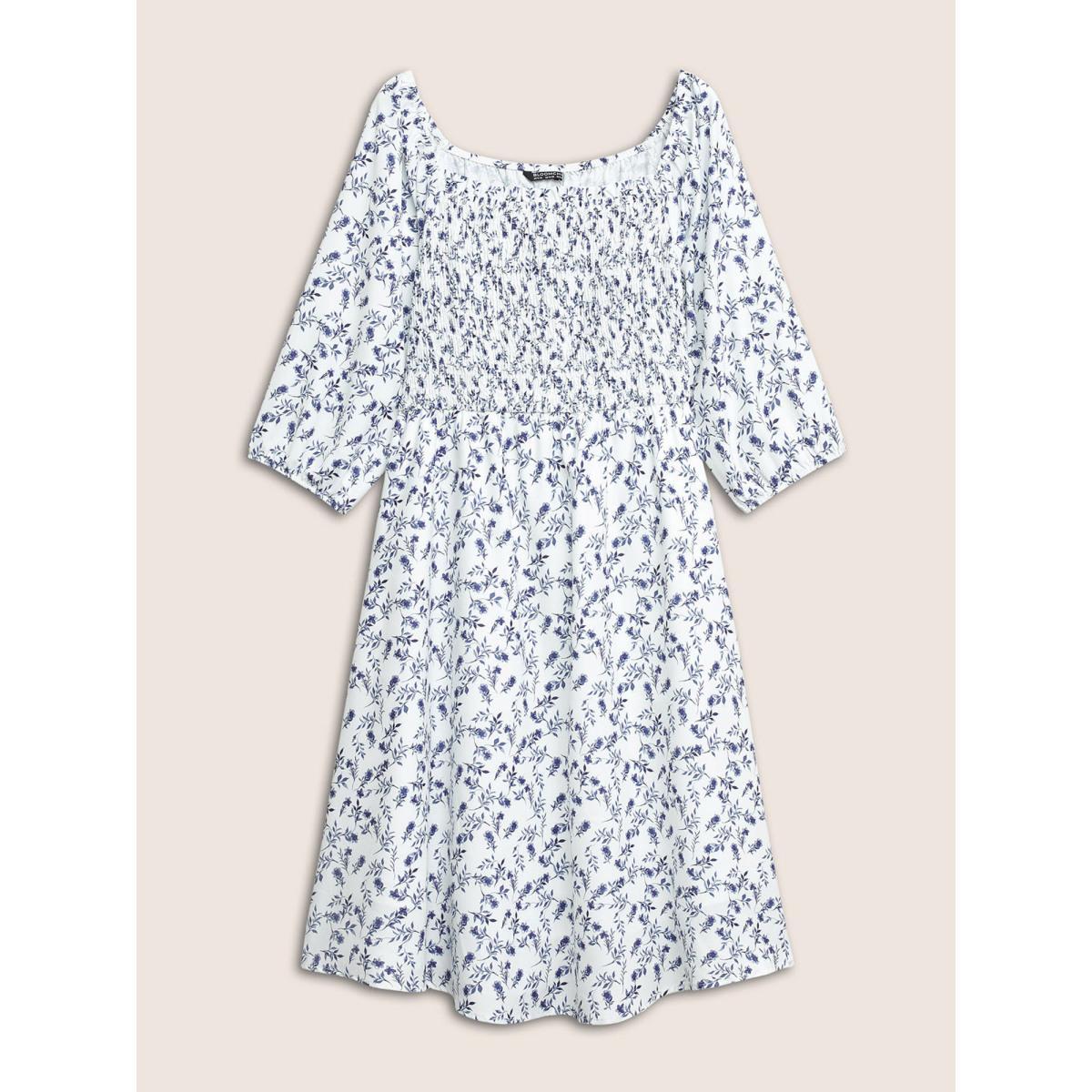 Plus Size Ditsy Floral Square Neck Shirred Lantern Sleeve Dress White Women Elegant Non Square Neck Elbow-length sleeve Curvy Midi Dress BloomChic 14-16/1X Product Image