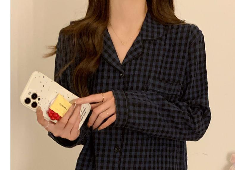 Pajama Set: Gingham Button-Up Shirt + Pants Product Image