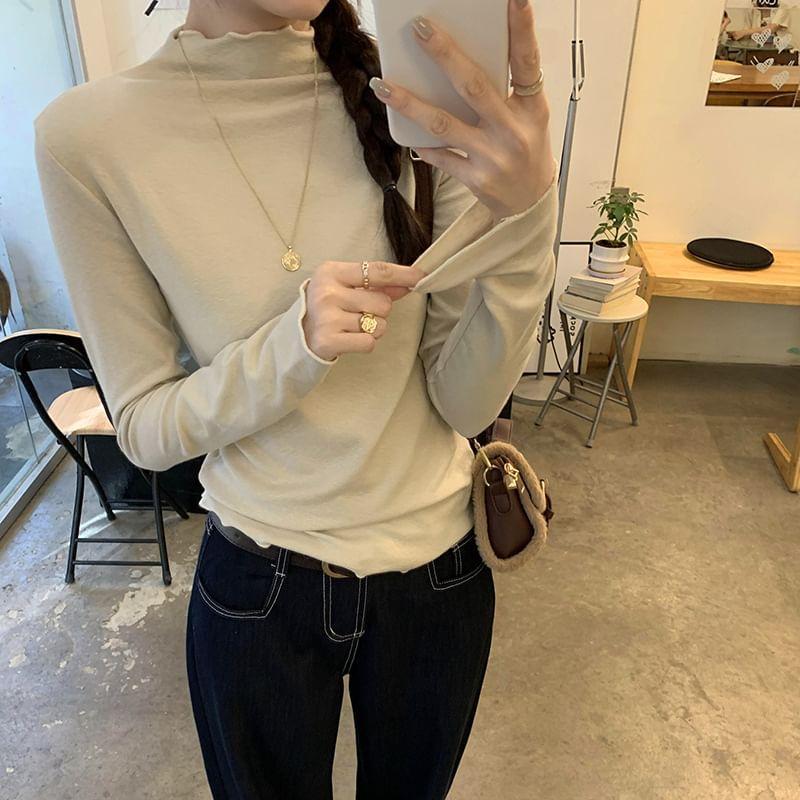 Long-Sleeve Mock Neck Frill Trim Plain T-Shirt Product Image