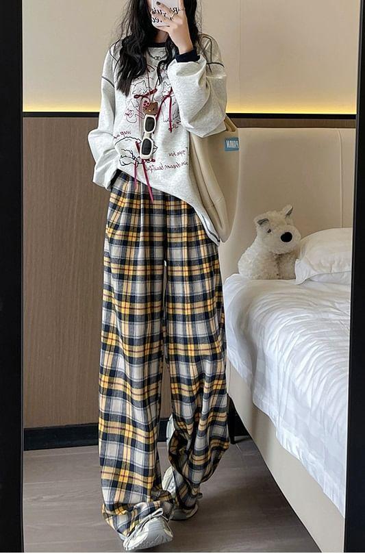 High Waist Plaid Wide Leg Pants Product Image