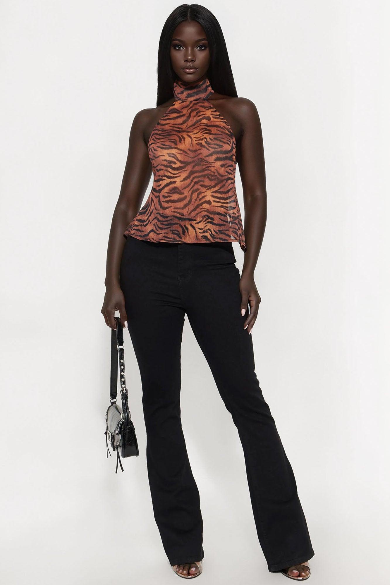 Wild Moment Tiger Print Chiffon Halter Top - Brown/combo Female Product Image