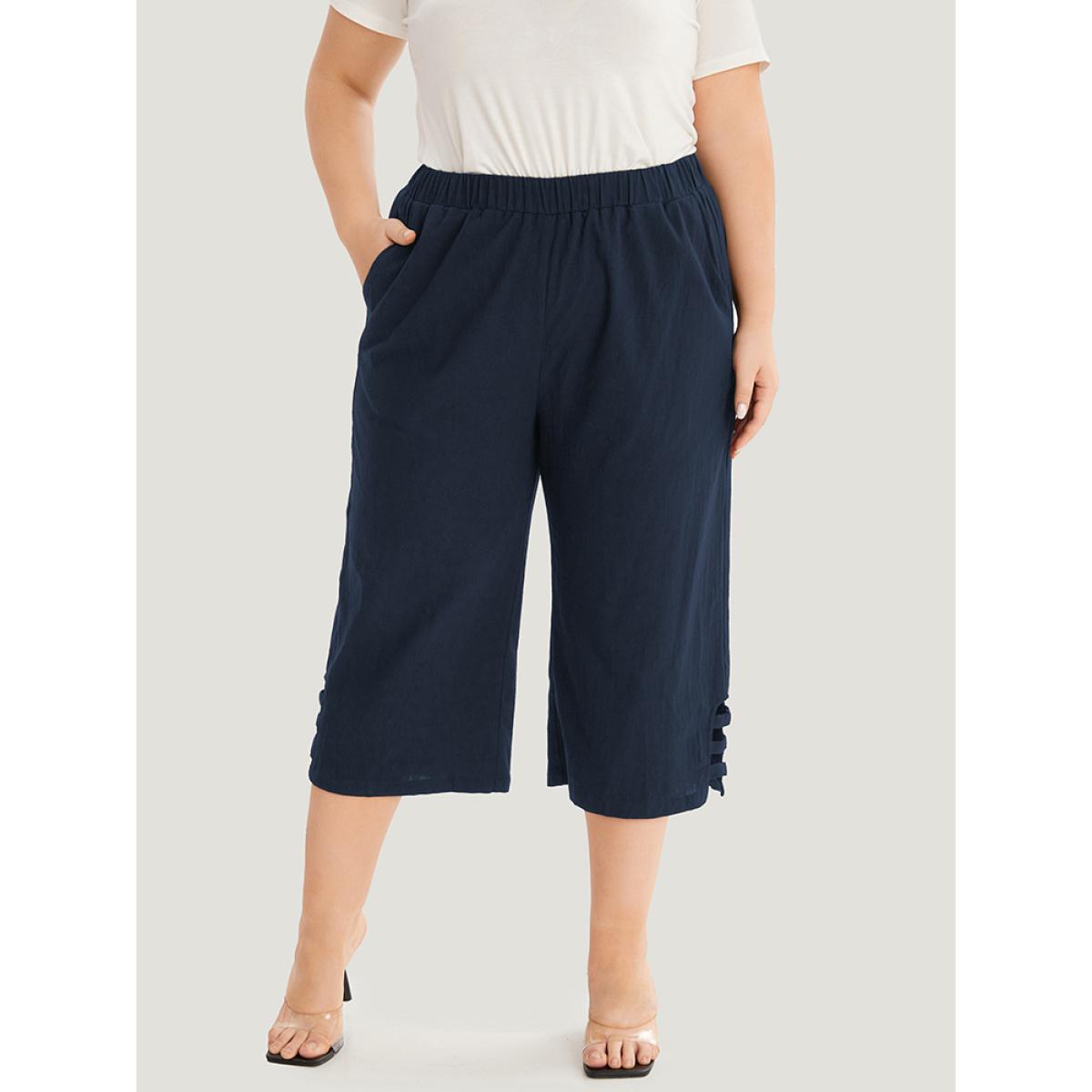 Plus Size Solid Cut Out Pocket Loose Cropped Pants Women Indigo Elegant Straight Leg High Rise Dailywear Pants BloomChic 22-24/3X Product Image