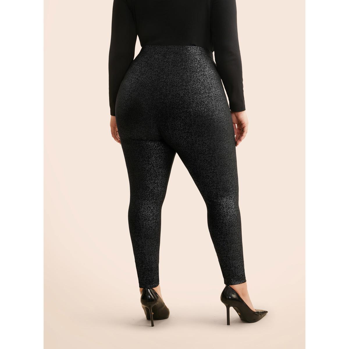 Plus Size Glitter Pleated Skinny Leggings Women Black Cocktail Medium stretch Skinny Mid Rise Party Leggings BloomChic 26/4X Product Image