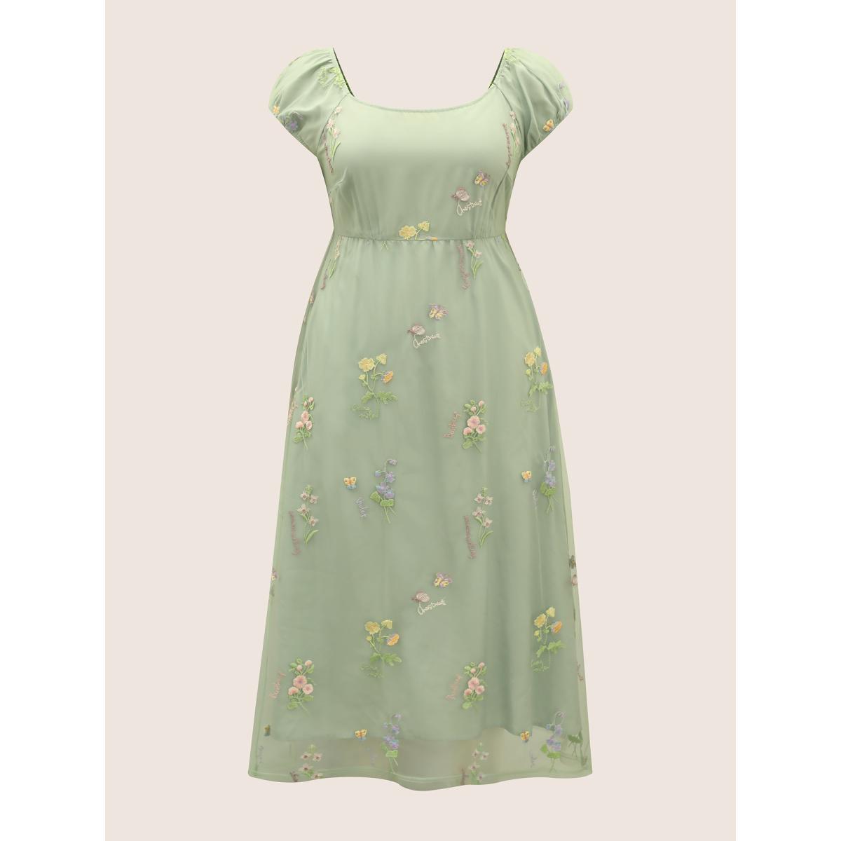 Plus Size Mesh Floral Embroidered Cap Sleeve Midi Dress Palemauve Women Elegant Texture Round Neck Cap Sleeve Curvy BloomChic 10/M Product Image