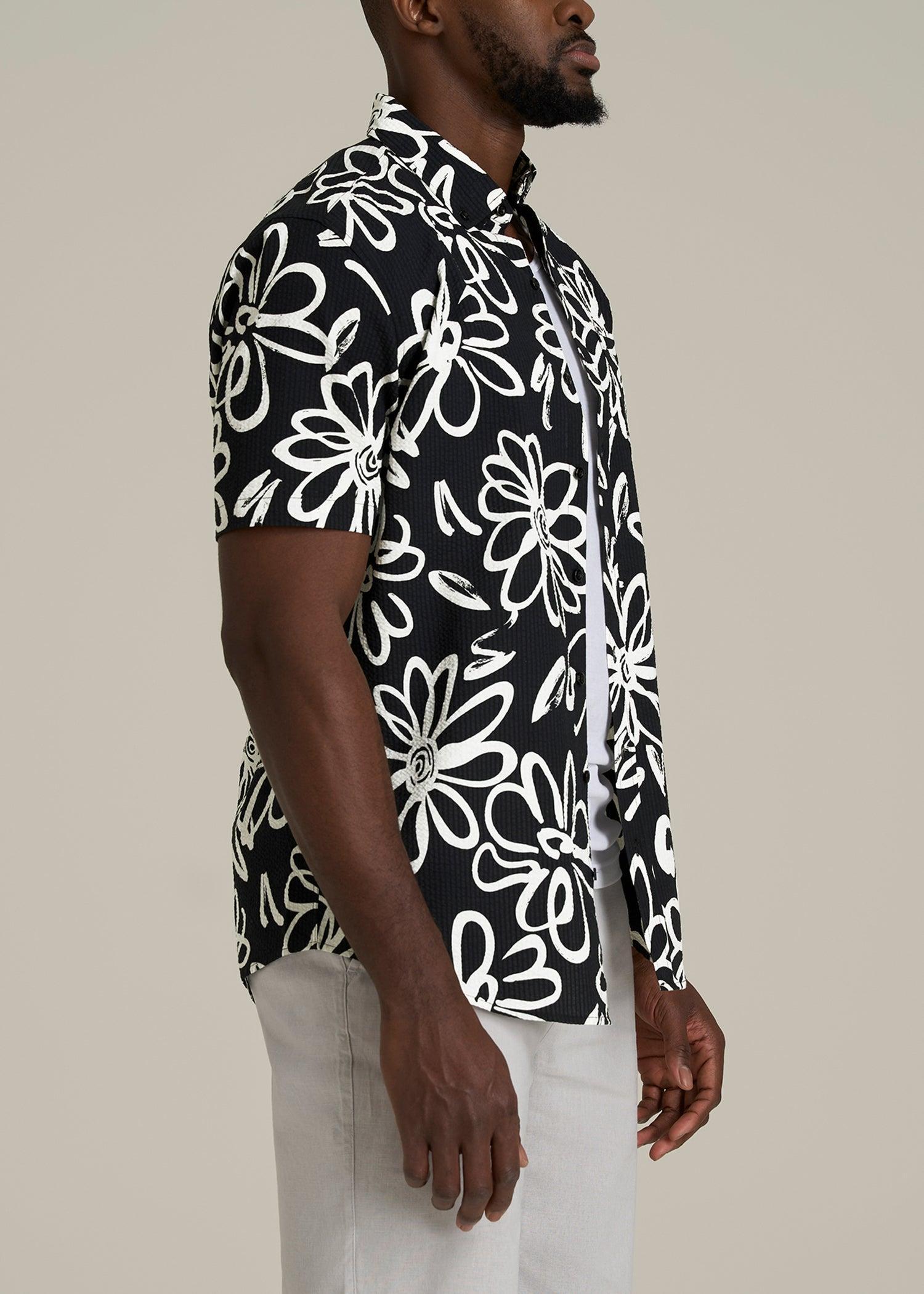 Seersucker Tall Men's Short Sleeve Shirt in Black and White Floral Male Product Image