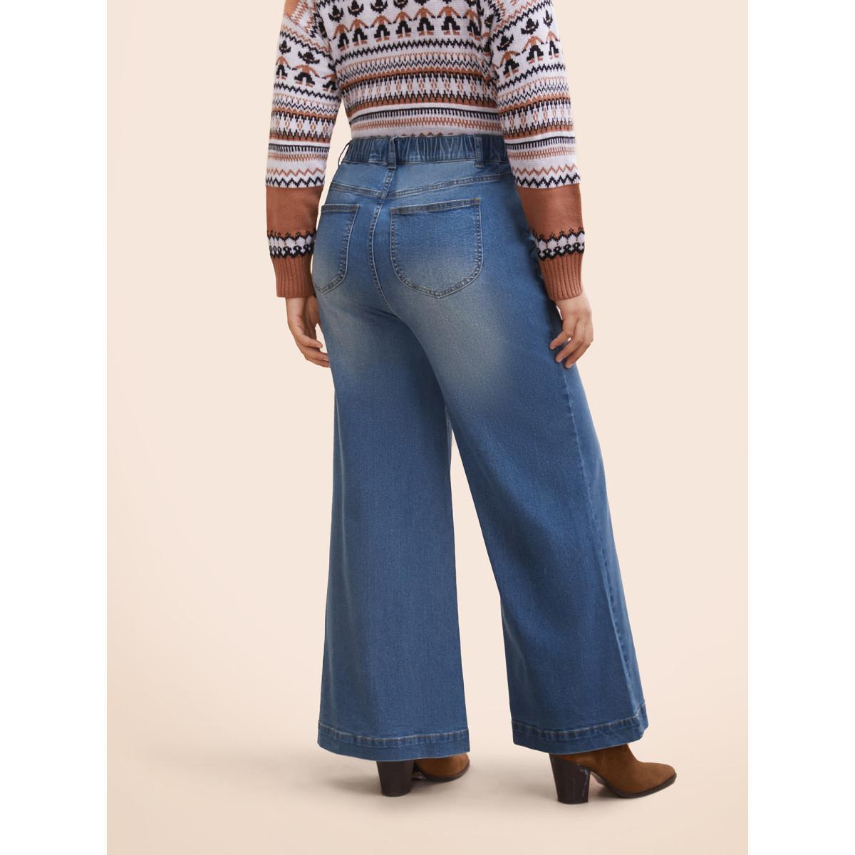 Plus Size Stretch Denim Wide Leg Cut Jeans Women Denimblue Casual Button Medium stretch Slanted pocket Jeans BloomChic 30/6X Product Image