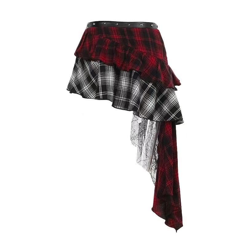 Mid Rise Plaid Ruffle Asymmetrical Buckled Panel Lace Mini A-Line Skirt Product Image