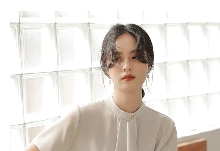 Ruffle Trim Stand Collar Short Sleeve Blouse Product Image