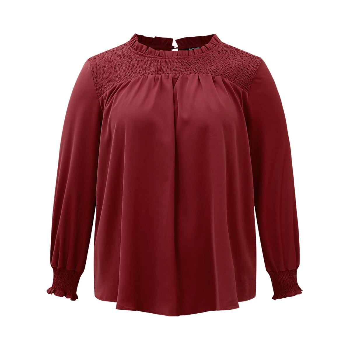 Plus Size Scarlet Static-Free Solid Shirred Frill Trim Blouse Women Office Long Sleeve Round Neck Work Blouses BloomChic 14-16/1X Product Image