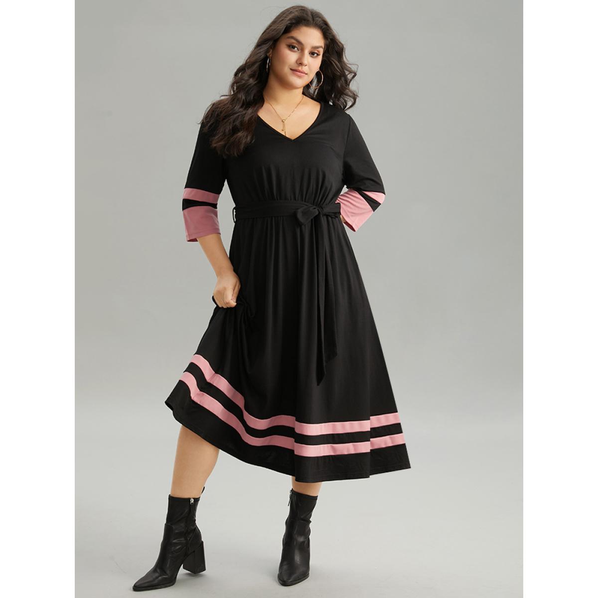 Plus Size Colorblock Contrast Elastic Waist Pocket Belted Dress Black Women Casual Belted V-neck Elbow-length sleeve Curvy Midi Dress BloomChic 14-16/1X Product Image